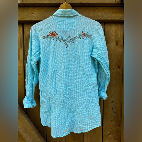 Vintage Western Shirt Cowgirl Southwestern Aqua Orange Country Top Festival - Picture 10 of 17